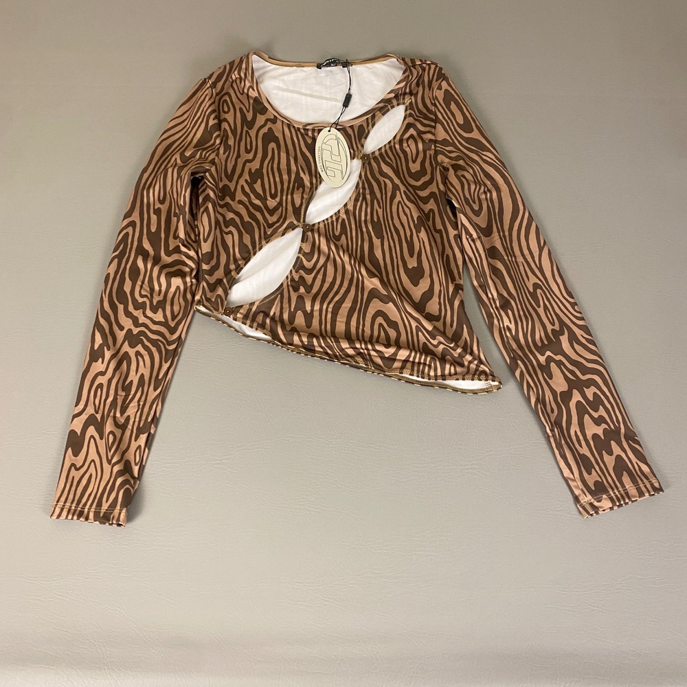 Poster Girl Crop Top Women's Large Brown Zebra Print Cut Out Long Sleeve Top NWT